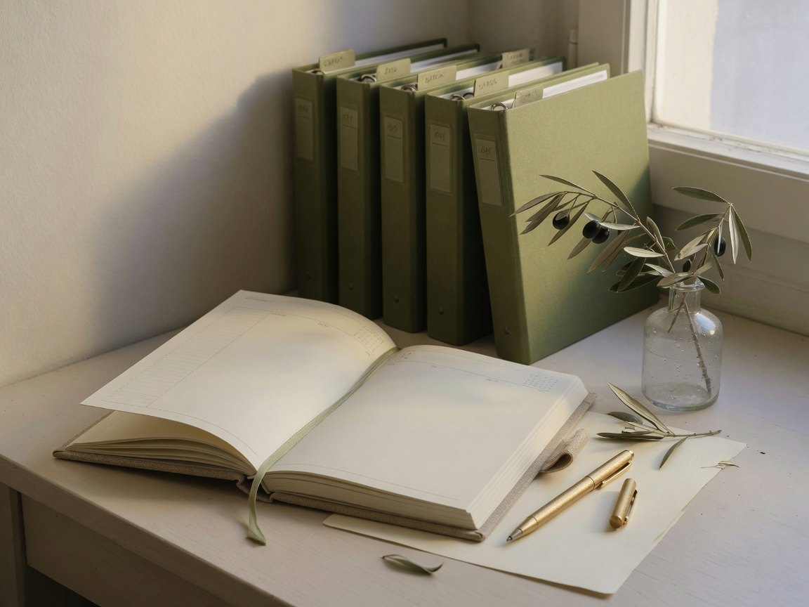 Agenda, classeurs et stylo doré près d’une fenêtre, dans un bureau calme