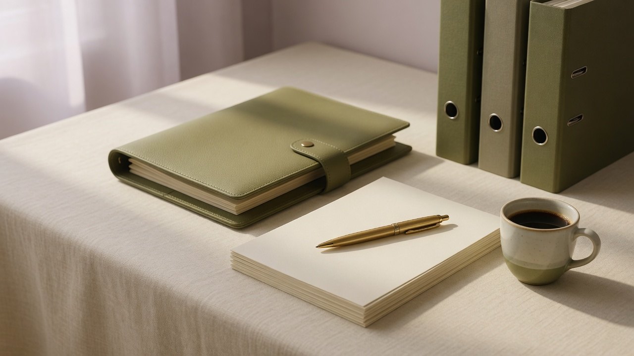 Bureau organisé : classeurs olive, stylo doré et documents soigneusement disposés